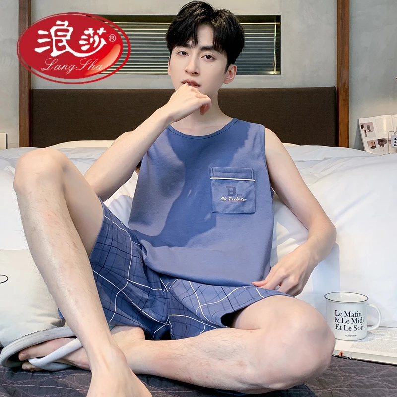 浪莎纯棉夏男士睡衣男款宽肩短袖夏款背心新款薄可外穿家居服青年
