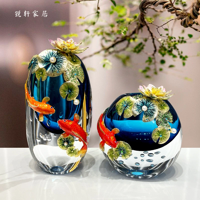 高端珐琅彩鱼琉璃花瓶摆件高档客厅新中式轻奢酒柜装饰品家居饰品