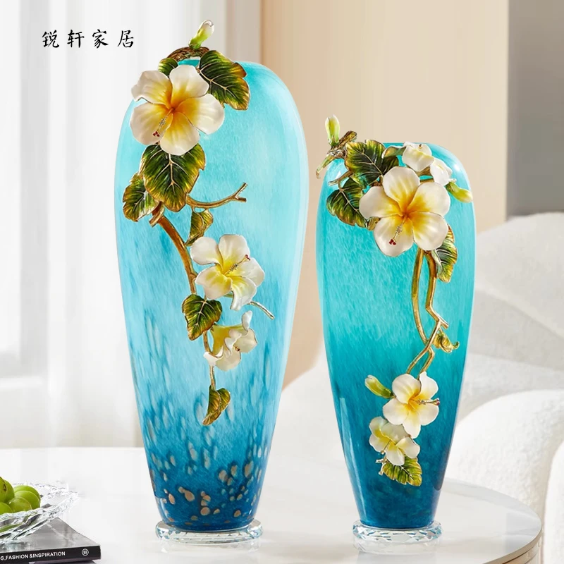 轻奢珐琅彩湖蓝花瓶摆件客厅高款玄关客厅琉璃新中式插花装饰礼品