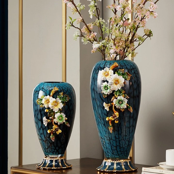 新中式珐琅彩落地花瓶客厅床头电视柜复古装饰花瓶琉璃插花摆件