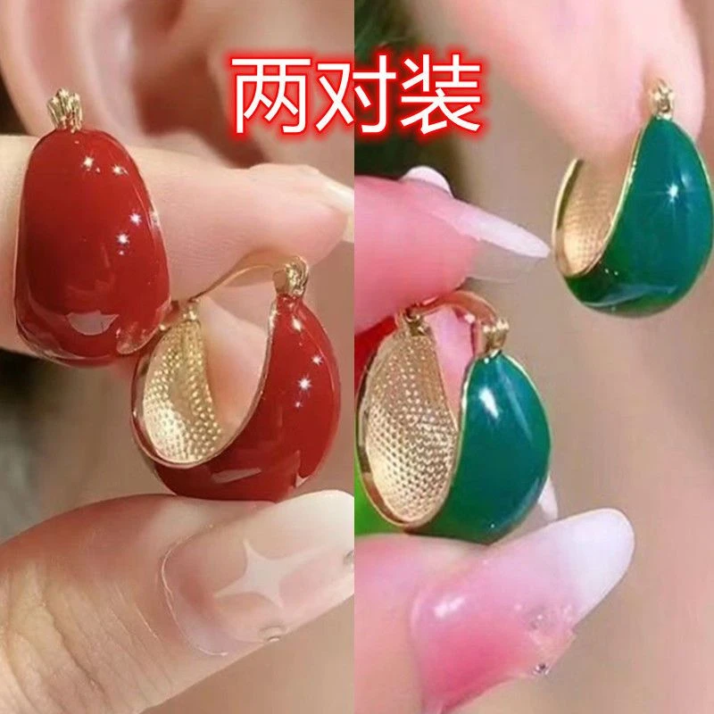 铁合金耳饰 韩版红色滴油耳扣高级女士耳环独特小众设计感气质名