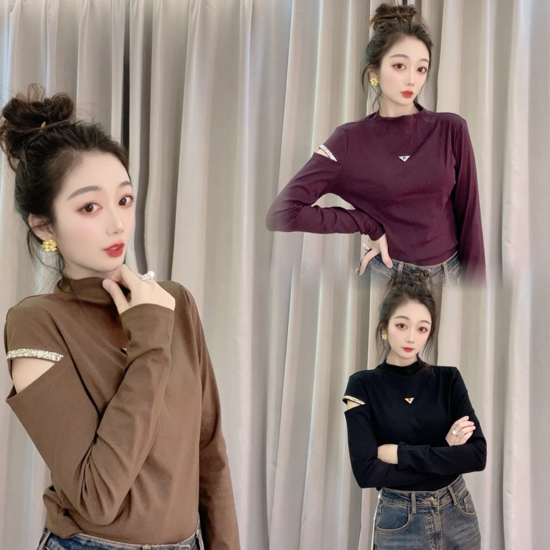 摩登奴2024秋百搭设计感重工珠片镂空长袖T恤衫轻奢小众时尚上衣