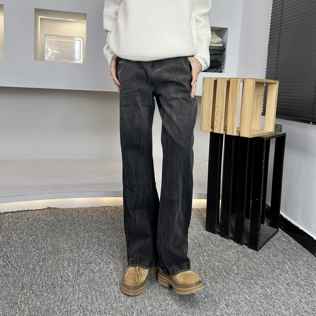 【逸潮】秋冬季渐变直筒黑色牛仔裤男女款水洗宽松直筒阔腿长裤