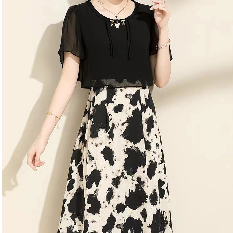 【YS1207】夏装新款时尚显瘦印花拼接假两件连衣裙