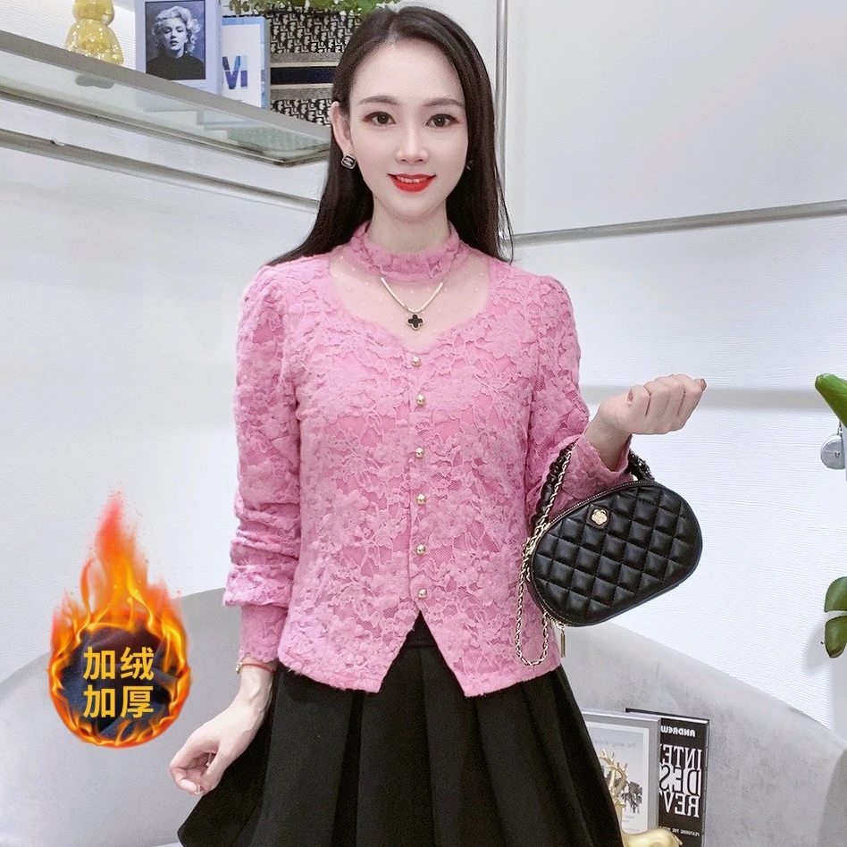 A5903秋冬新款长袖蕾丝打底衫加绒加厚气质显瘦洋气上衣