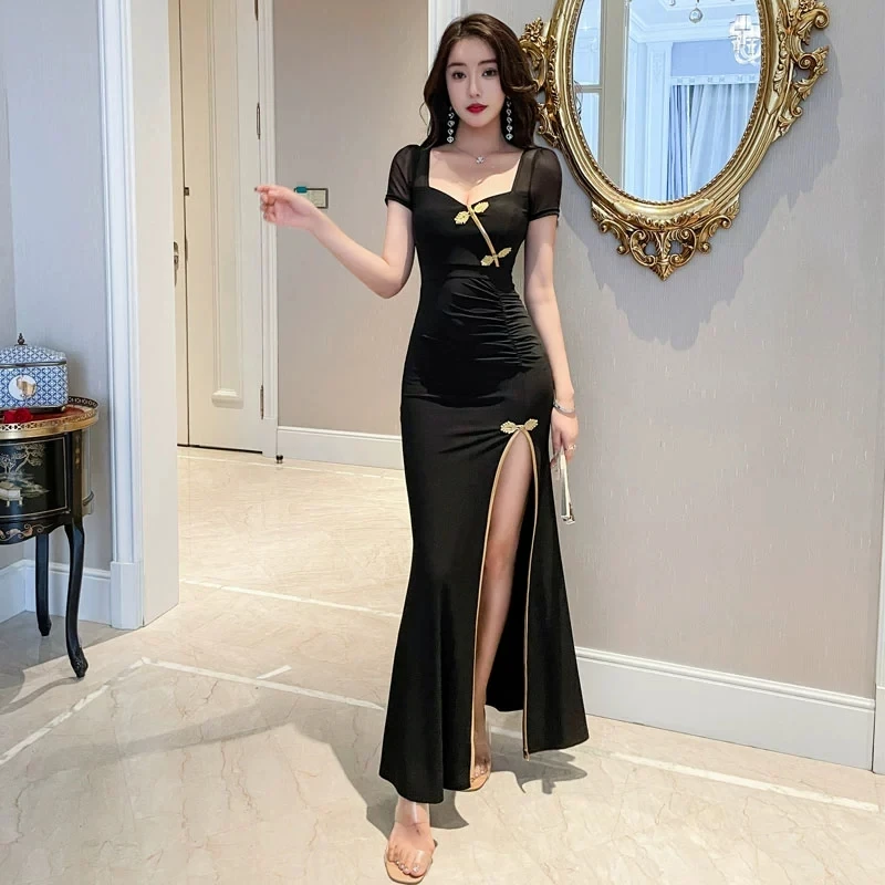 性感优雅复古黑色低胸显瘦夜场上班技师工作服长款开叉气质连衣裙