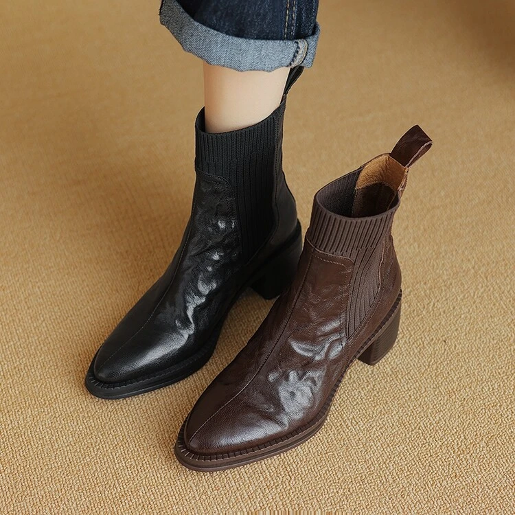 李大龙~羊皮5公分秋冬英伦风高跟瘦瘦靴时尚百搭黑色复古棕色短靴
