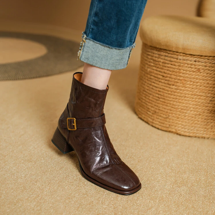 李大龙~羊皮4.5公分/秋冬新款真皮扣带粗跟中跟短靴女方头短靴