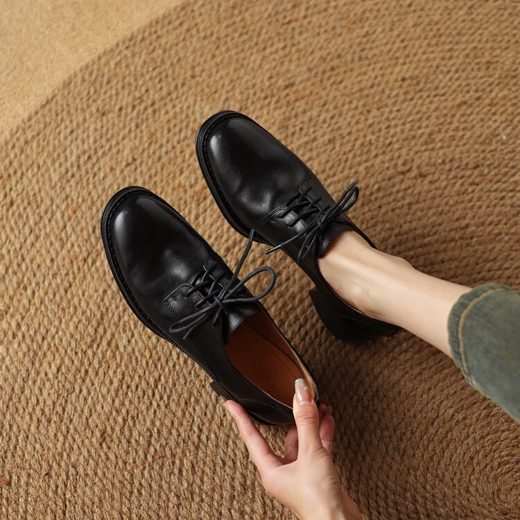 李大龙~牛皮3.5公分/英伦风系带小皮鞋粗跟圆头黑色棕色单鞋女