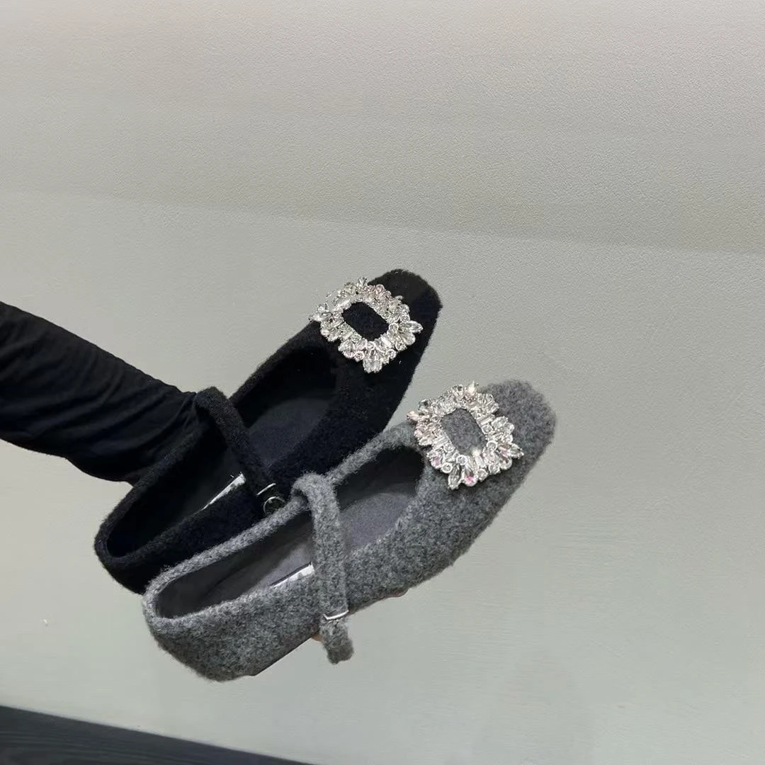 女士气质玛丽珍鞋女加绒法式晚风方头水钻呢子毛毛鞋女冬平底单鞋