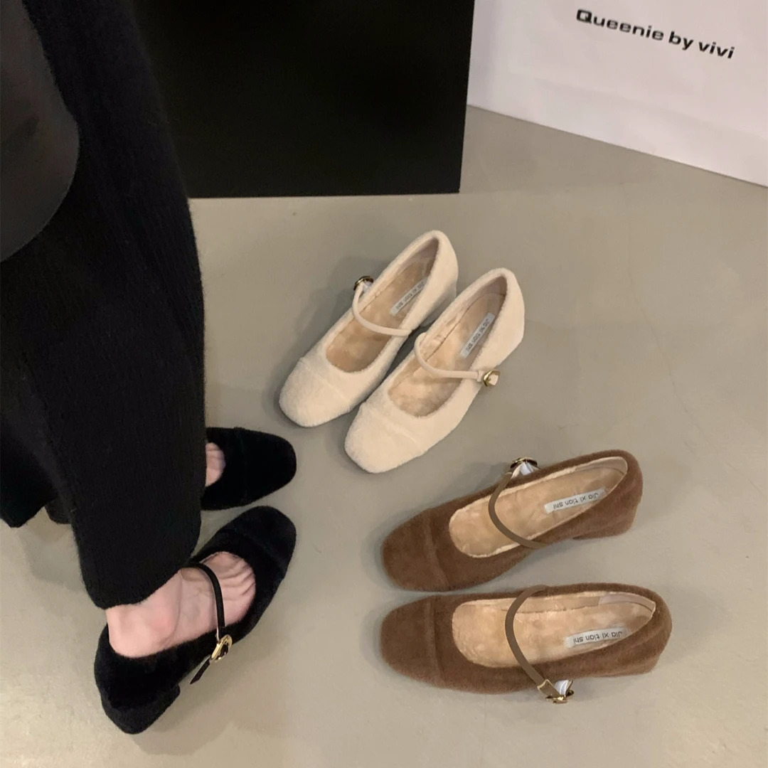 粗跟法式玛丽珍毛毛鞋女鞋子外穿2024新款秋冬季加绒高跟毛绒单鞋