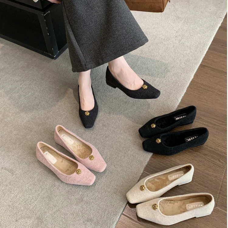法式平跟小香风加绒豆豆单鞋女鞋子新款秋冬季百搭外穿毛毛鞋