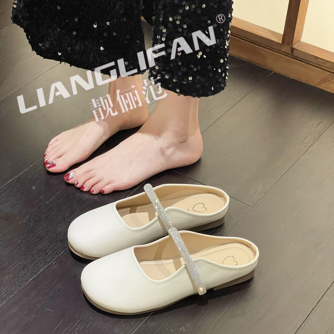 【靓俪范SHOES】包头半拖鞋女春季新款时尚网红水钻软底外穿凉拖