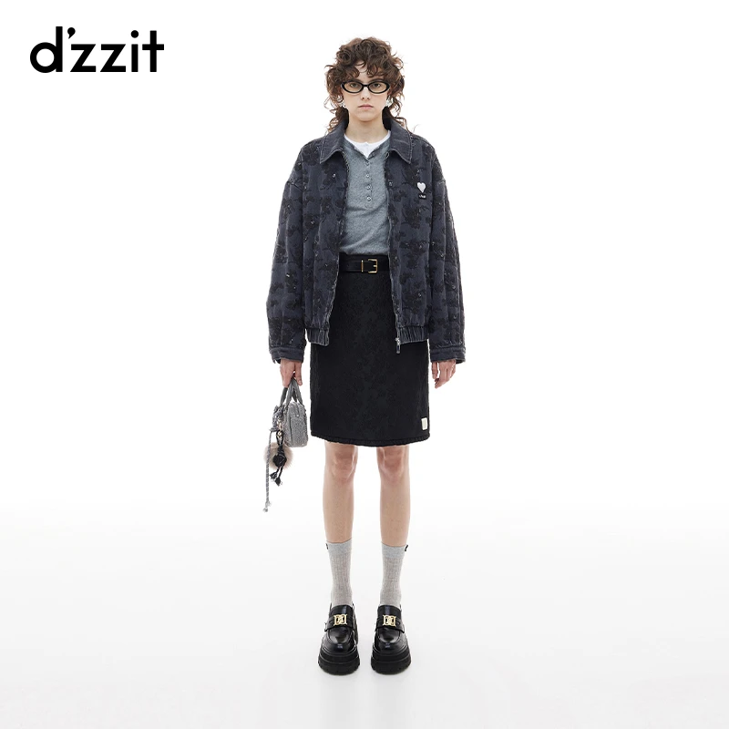 dzzit地素棉服冬季静奢风牛仔绣花珠片翻领外套女3I4RB151A