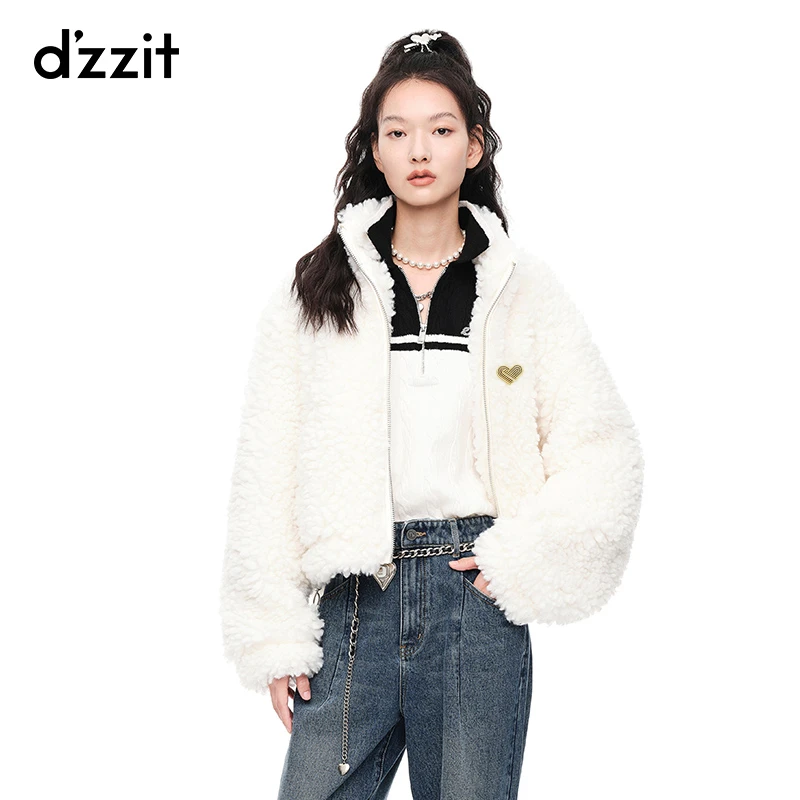 dzzit地素冬季摩登时髦白色立领仿羊羔毛休闲外套女3E4G1071B