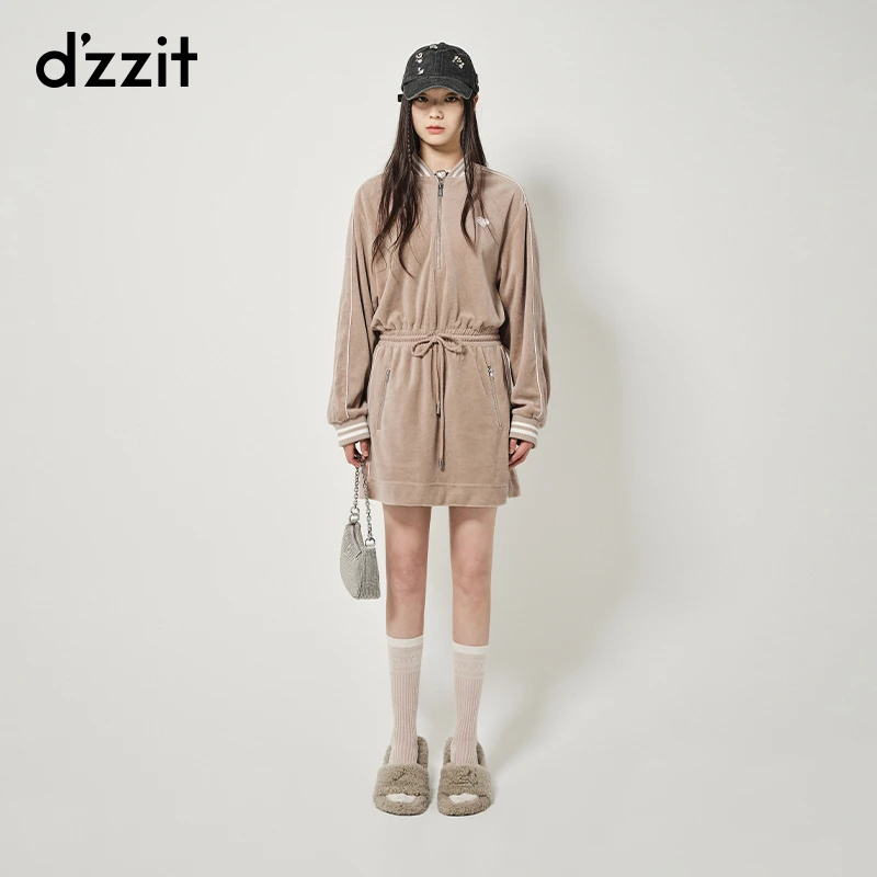 dzzit地素丝绒连衣裙秋冬小众休闲高能感系带收腰短裙女3H4O6459J