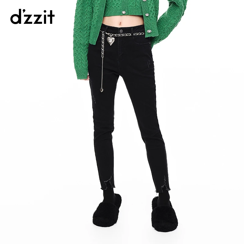 dzzit地素 高街潮流复古修身小脚黑色牛仔小腿裤女3E4R7021A
