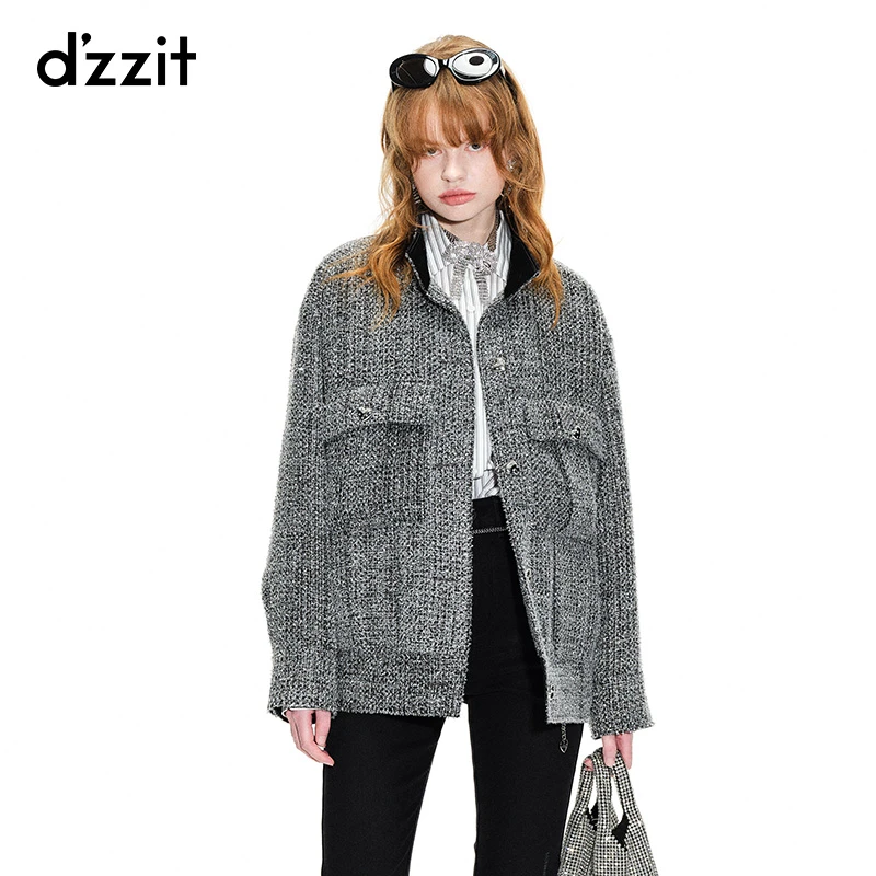 dzzit地素春秋复古气质立领口袋编织银葱翻领夹克外套女3H1F4158D