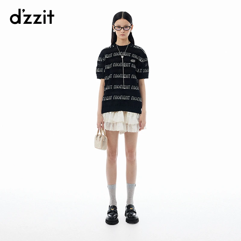 dzzit地素针织衫春季镂空网眼设计宽松短款上衣女3I3E3326A