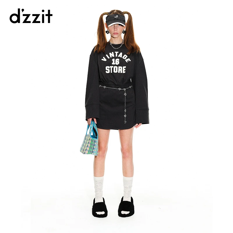 dzzit地素夏秋字母贴布绣花休闲长袖卫衣连衣裙短裙女3H2J3011A
