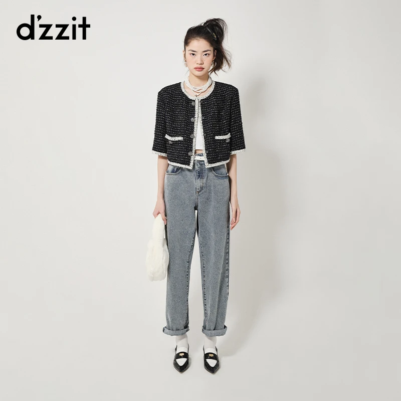 dzzit地素粗花呢外套春秋小香风气质黑色截短款五分袖女3H3F4213T