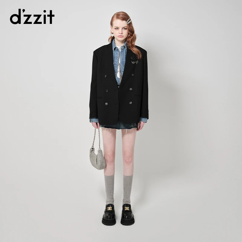 dzzit地素西装外套秋冬通勤黑色立体花朵装饰设计女3H4F5091A