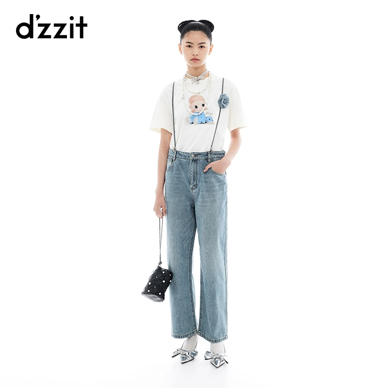 dzzit地素背带牛仔裤夏季可拆卸背带棉质直筒裤女3I2R6031S