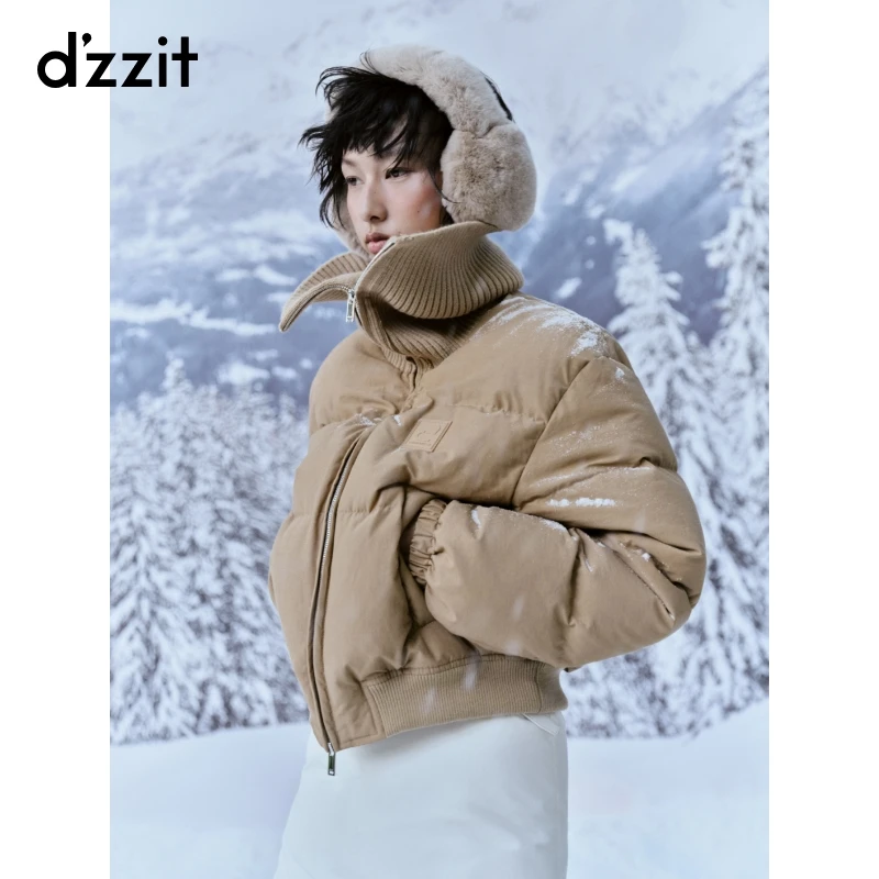 dzzit地素羽绒服冬季复古拼接针织大翻领短外套女3I4K2171B