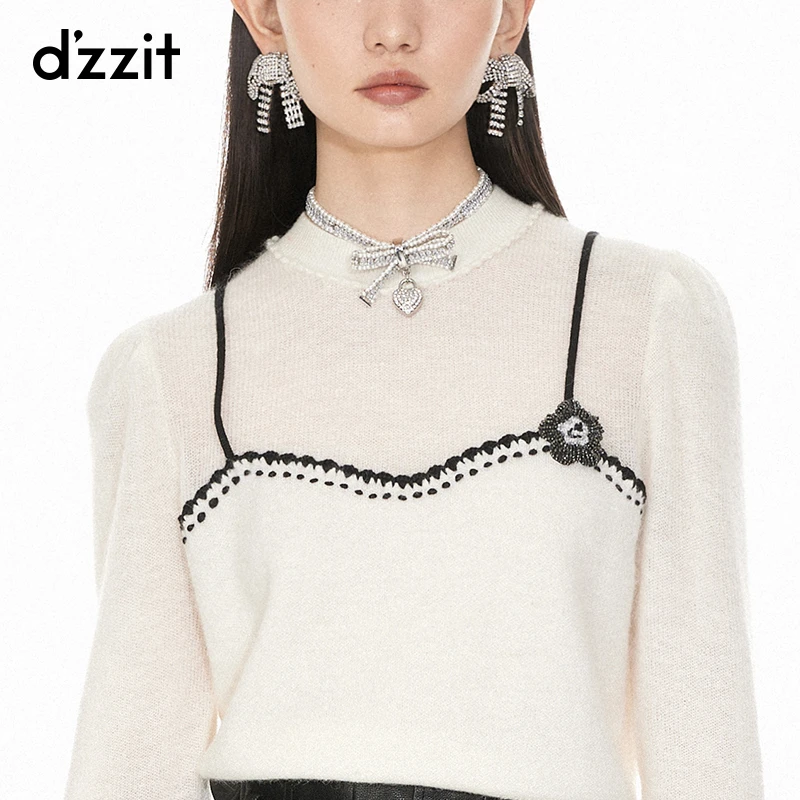 dzzit地素针织衫春秋假两件设计撞色圆领长袖上衣女3I1E4321B