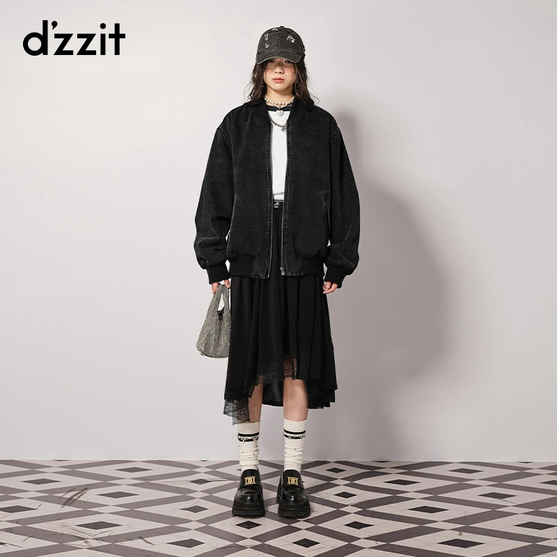 dzzit地素牛仔外套秋冬甜酷棒球领黑色铆钉装饰宽松女3H4RD011A