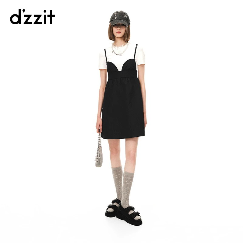 dzzit地素吊带连衣裙夏季甜酷少女菱格小黑裙黑色短裙女3H2O2171A