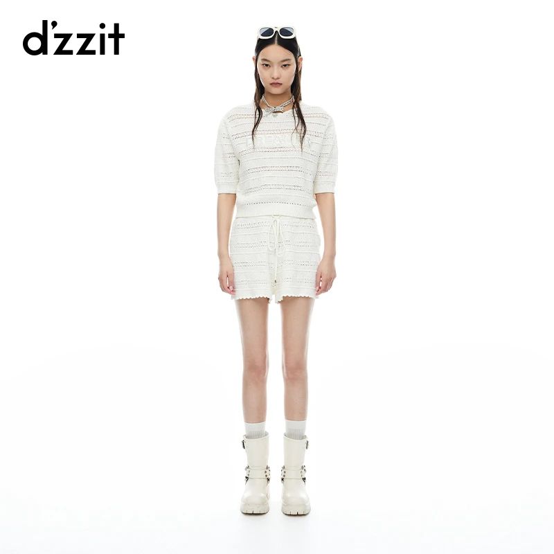 dzzit地素短袖针织夏季镂空法式贴布白色上衣女3I2E3131B