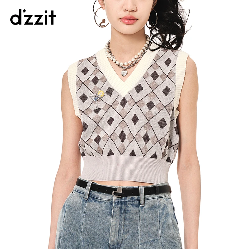 【诗语专属】dzzit地素针织背心夏秋复古V领撞色设计提花短款上衣女