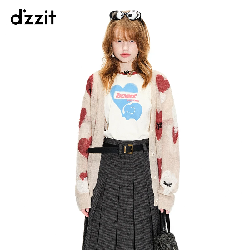 dzzit地素春秋复古时尚爱心提花V领针织开衫外套上衣女3H1E5326J