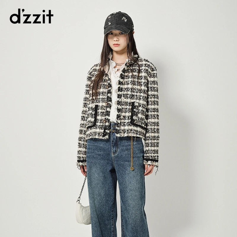 dzzit地素粗花呢外套春秋小香风气质毛边设计短上衣女3H3F4643B