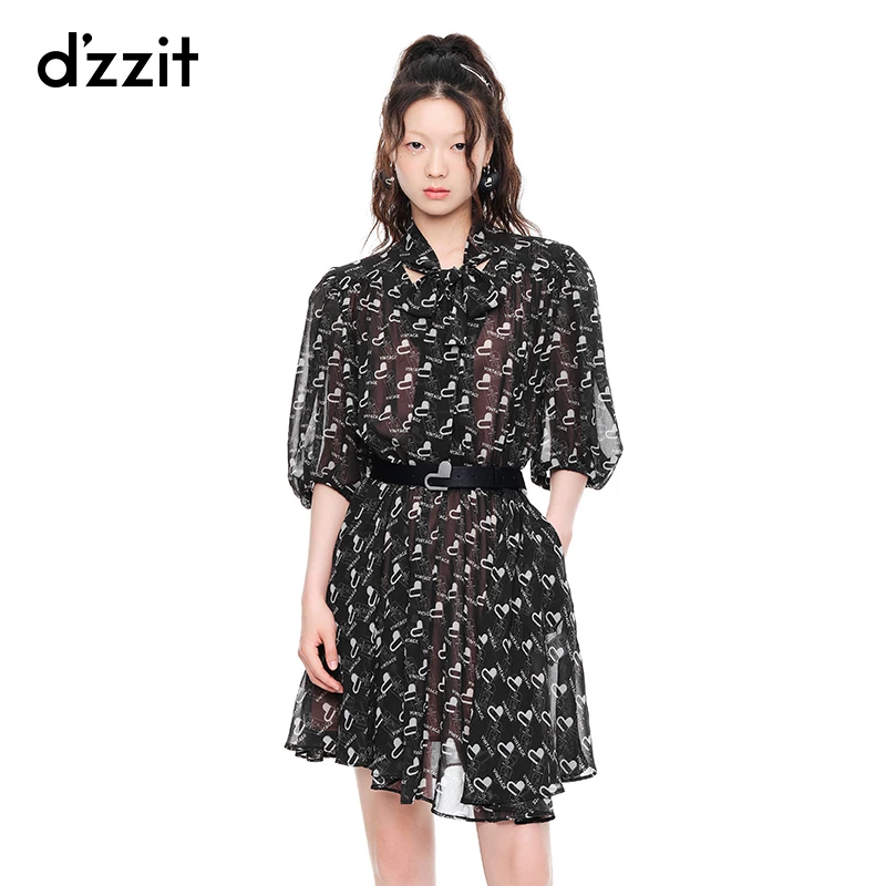 dzzit地素时尚气质爱心logo印花收腰法式尤莱特连衣裙女3E3O4386A