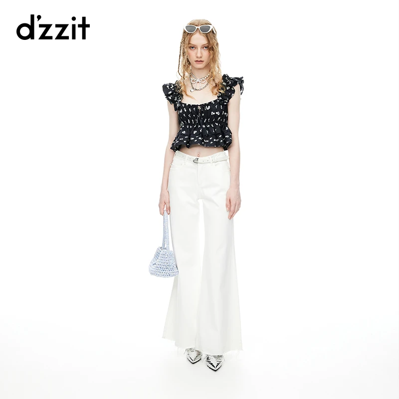 dzzit地素背心夏季爱心满印塔克压褶小飞袖上衣女3I2D1036A