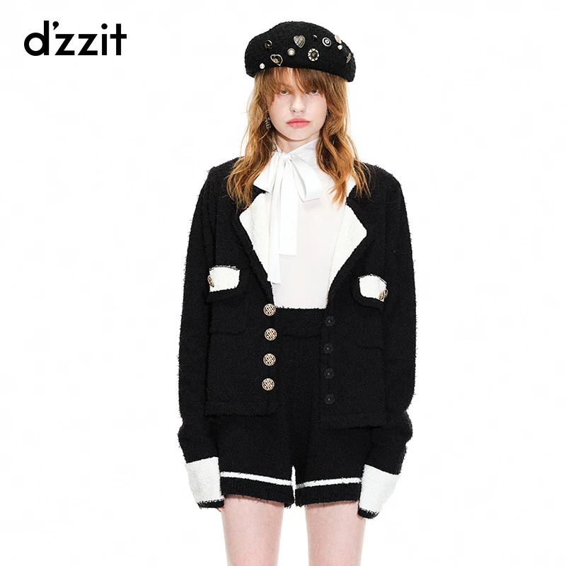 dzzit地素春秋小香风黑白撞色雅丹风黑色针织开衫女3H1E5211A