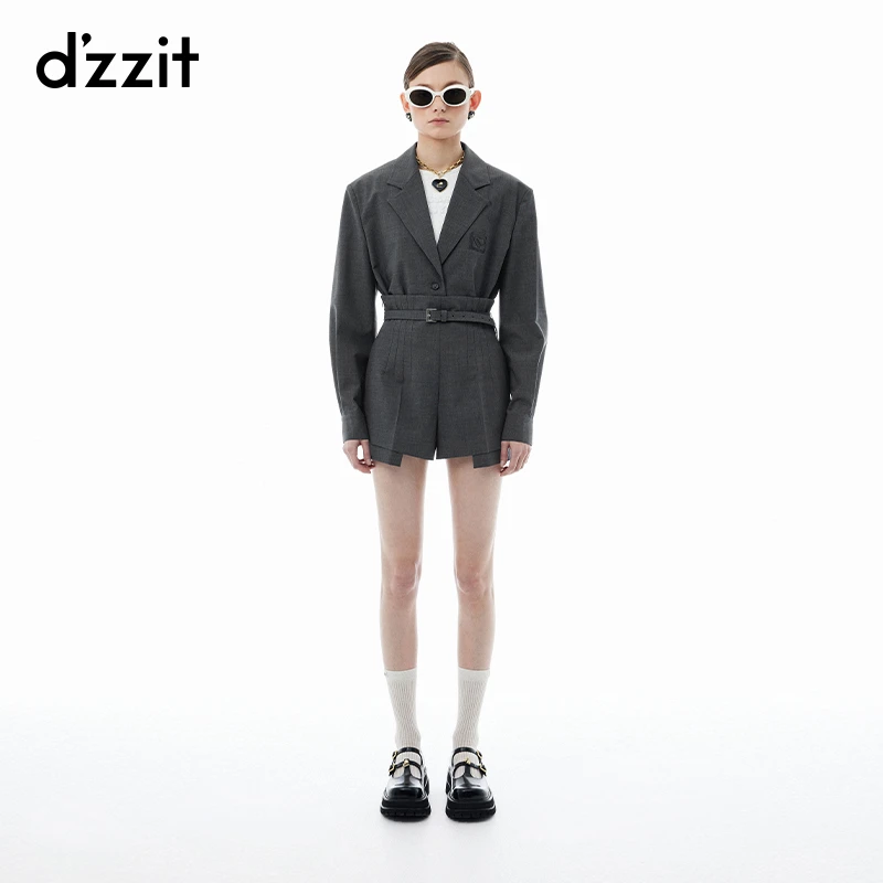 dzzit地素短外套春秋V领深灰色短款雅丹风长袖西装女3I3F5021F