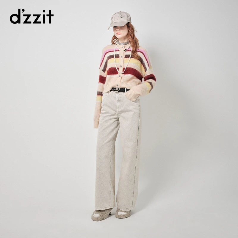 dzzit地素彩条针织衫秋圆领短款钉钻纽扣雅丹风开衫上衣3H4E54129