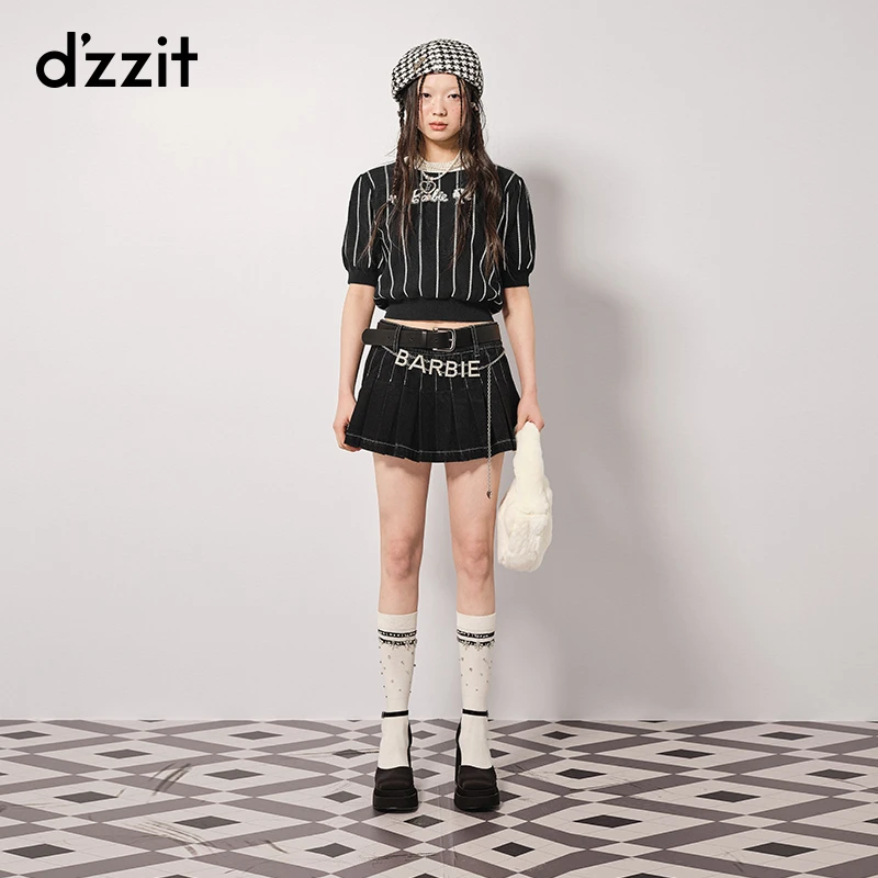 【芭比联名系列】dzzit地素套头针织衫黑色条纹短款上衣女3H3E3166A