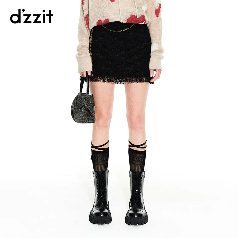 dzzit地素春夏秋小香风粗花呢黑色高腰流苏半身裙短裙女3H1S2141A