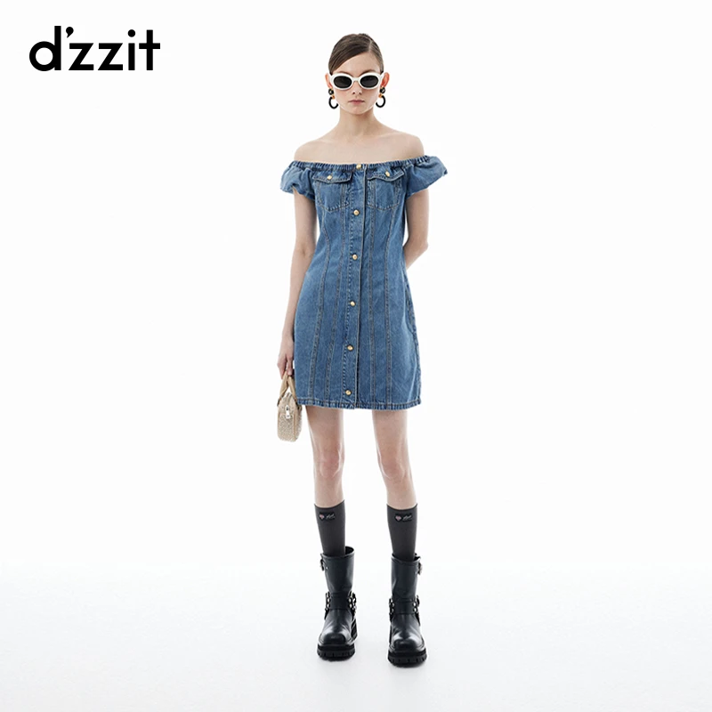 dzzit地素连衣裙春秋甜酷时髦一字肩牛仔裙短裙女3I3RE051S