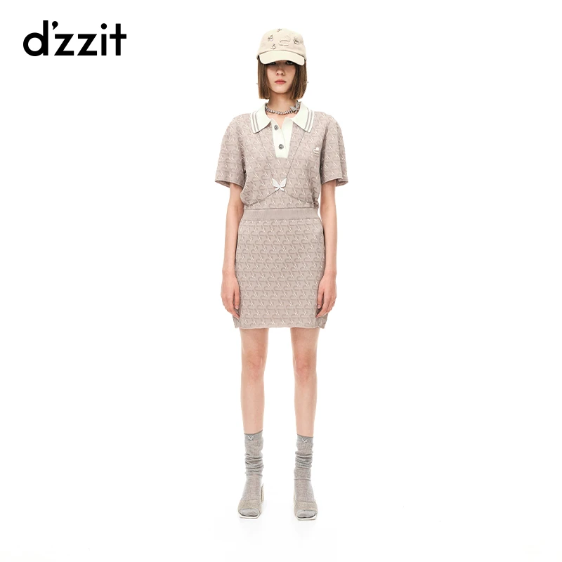 dzzit夏季时尚爱心Polo领收腰短袖针织法式连衣裙3H2E6286N