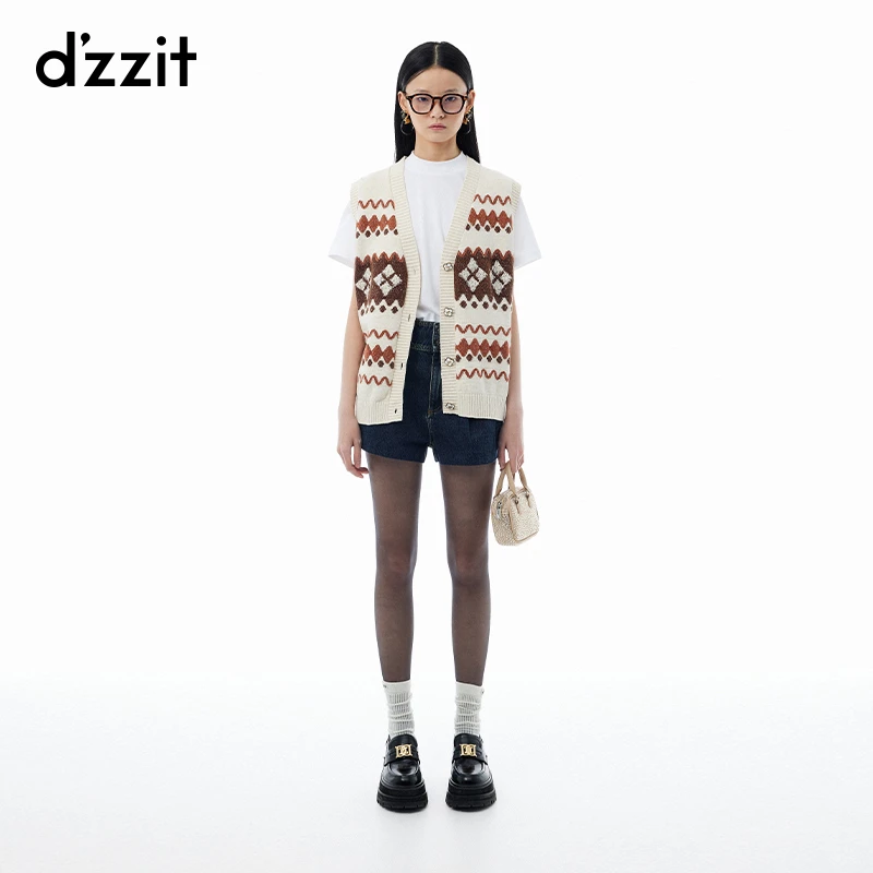 dzzit地素针织马夹春秋复古慵懒菱格提花V领开衫上衣女3I3E5346B