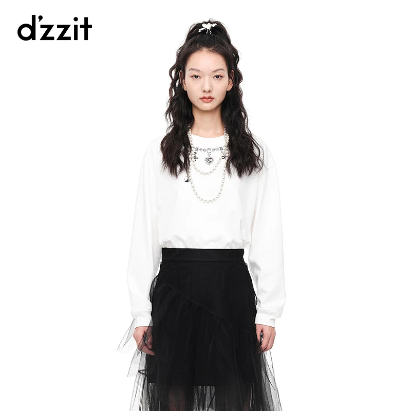 dzzit地素 时尚印花简约圆领落肩袖型卫衣打底上衣女3E4J1561B