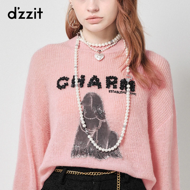 dzzit地素套头针织衫时髦珠片绣设计圆领毛衣上衣女3H4E4561G