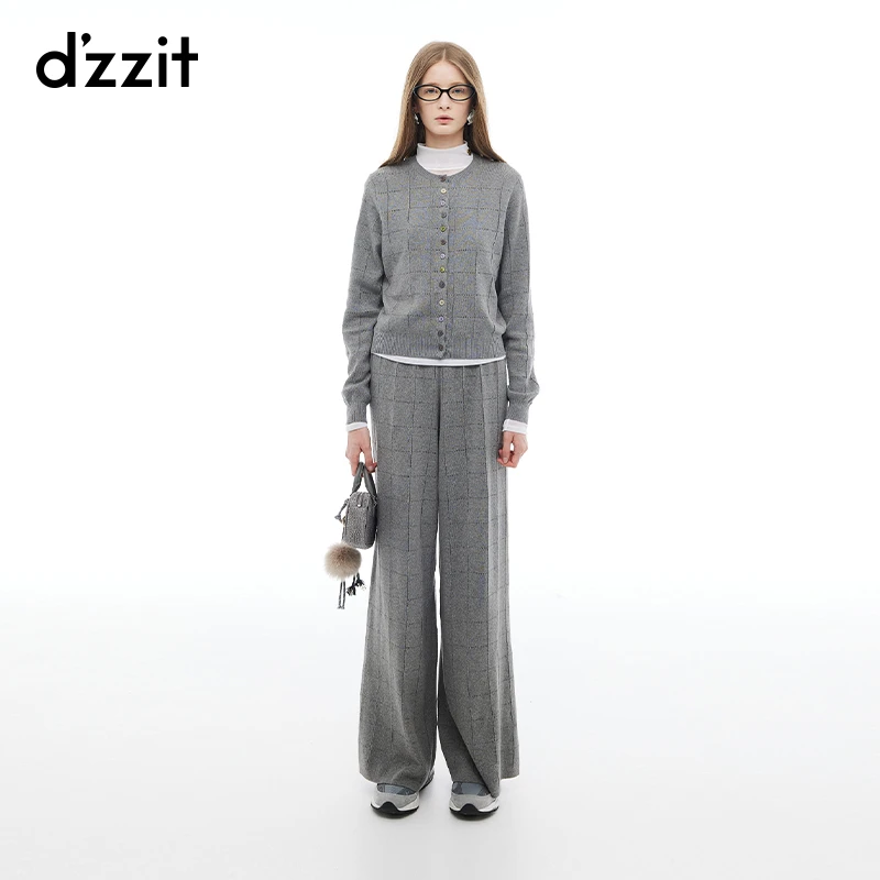 dzzit地素长袖针织衫冬季格雷系格子彩色纽扣开衫女3I4E5241E