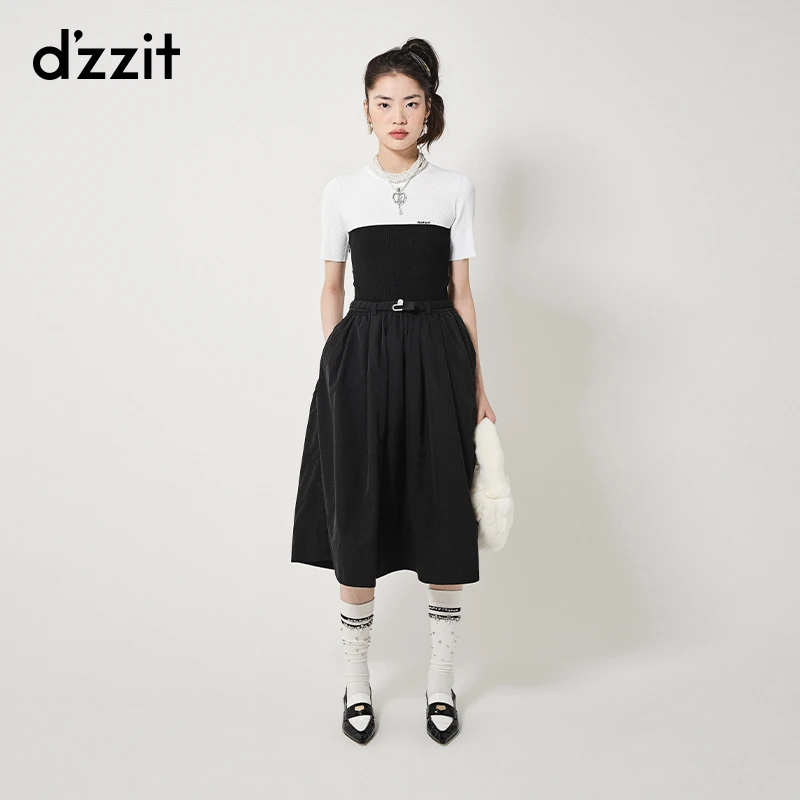 dzzit地素短袖连衣裙春秋摩登黑白针织拼接收腰裙子女3H3O4241A