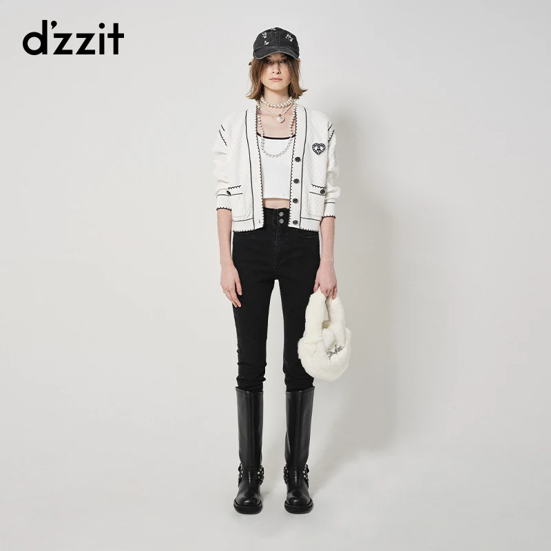 dzzit地素针织衫春秋摩登撞色设计感V领七分袖上衣女3H3E5251B